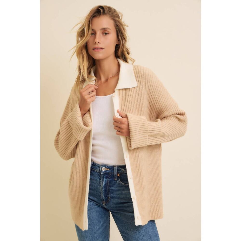 In February Beige Size Medium Two Tone Rib Sweater Cardigan with Contrast Collar